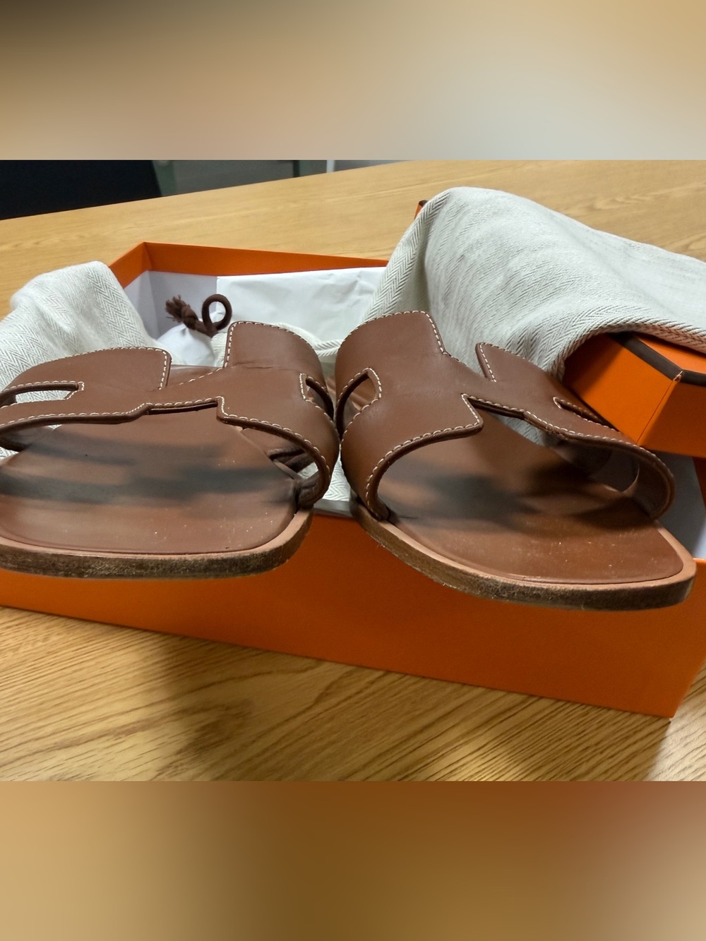 Hermes Brown Leather Oran Slide Sandals - Picture 6 of 6